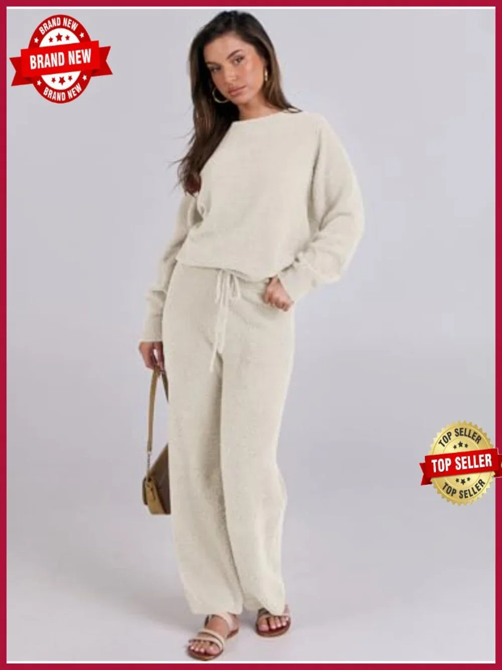 Fuzzy Fleece Lounge Set, 2 Piece Knit Sweater Top & Wide Leg Pajama Pants,